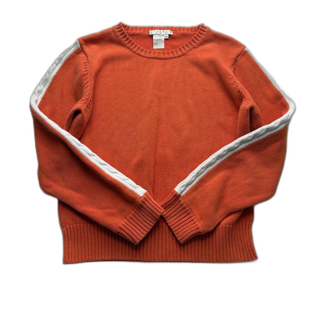 Vintage 90s Sweater Spanner Sport Cotton White Stripe Orange Top Cable Knit M